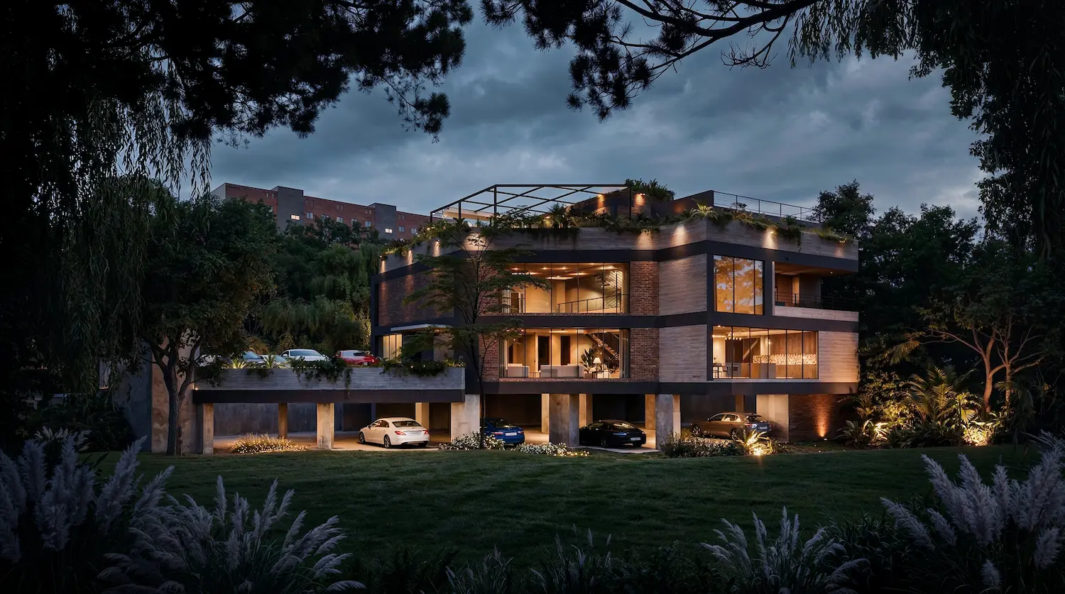 Car Collector's Mancave exterior at Morph Lalinde — luxury car storage and living space in Medellín